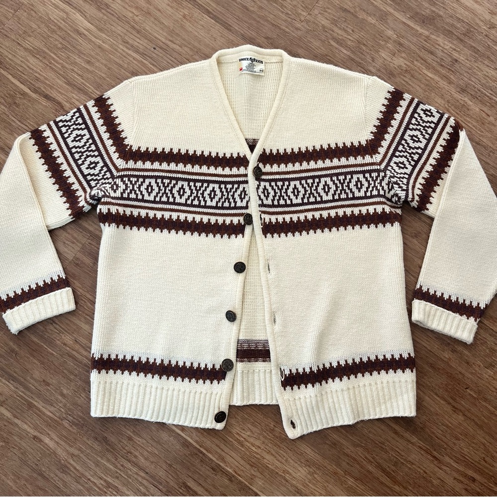 Vintage 70s White Ram Nordic Cardigan Sweater XL | Cream Brown Fair Isle Knit